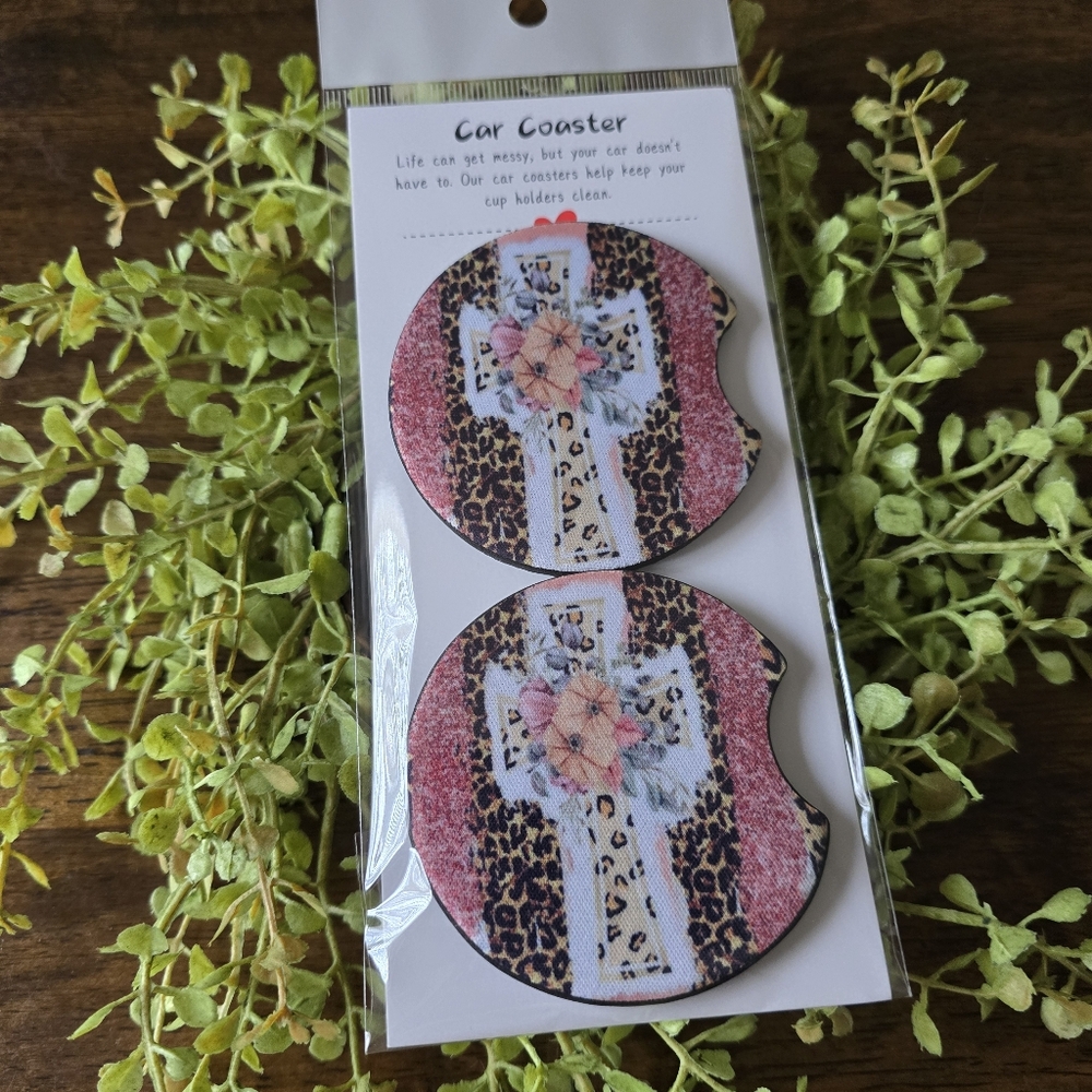 Floral Cross Leopard Print Car Coasters